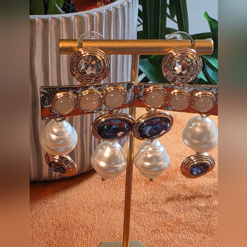 INC  Gold and White Pearl Drop Earrings